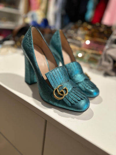 Gucci Marmont Metallic Fringe Block Heel Pumps – Teal (Size 41.5)