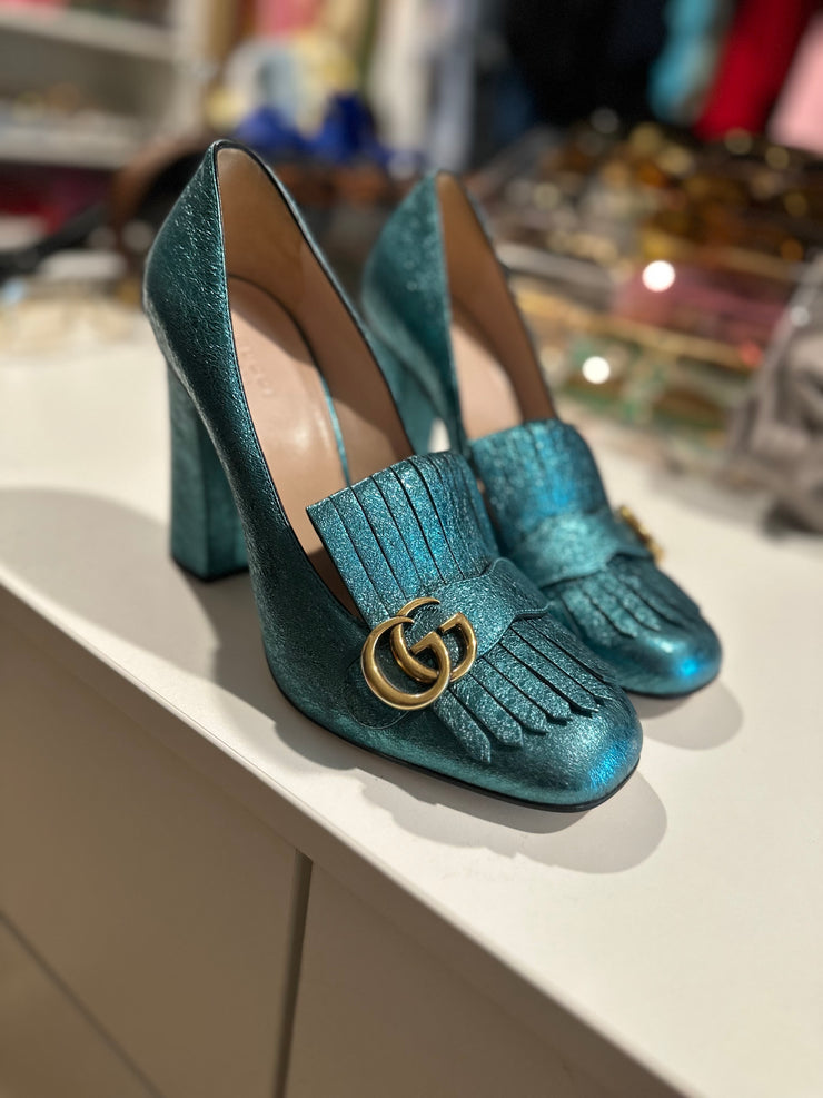 Gucci Marmont Metallic Fringe Block Heel Pumps – Teal (Size 41.5)